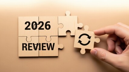 Hand placing the final puzzle piece with refresh symbol to complete the 2026 review concept on a beige background