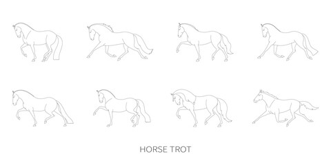 Line art of a trotting horse in minimalistic style isolated on white background