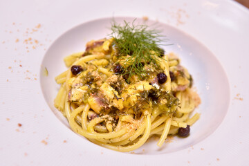Pasta con le sarde e finocchietto or Bucatini with sardines and fennel is a typical dish of...