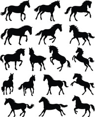 Horse silhouettes, running gallop poses, equine vector set, wild mustang movement, ranch stallion shapes, modern animal stock graphic isolated on white background.
