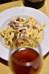 Tonnarelli alla gricia is a tipical egg pasta whit bacon and pepper made In Rome Lazio Italy