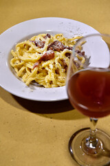 Tonnarelli alla gricia is a tipical egg pasta whit bacon and pepper made In Rome Lazio Italy