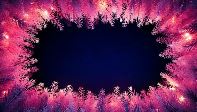 Vibrant pink and purple feathery frame with glowing lights surrounding a dark central space, creating a festive and decorative border.