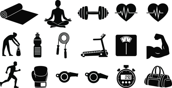 Active Fitness Training Silhouette Vector Gym Exercise Icon Set