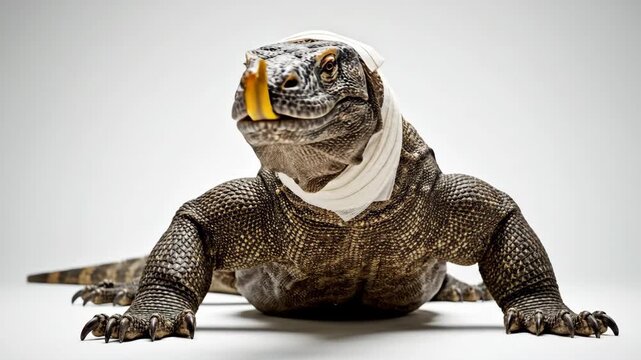 A Komodo dragon with a bandage wrapped around its head its mouth open and tongue protruding is against a white background