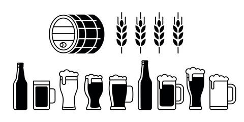 Illustration of a beer barrel, wheat stalks, beer bottles, and various beer mugs