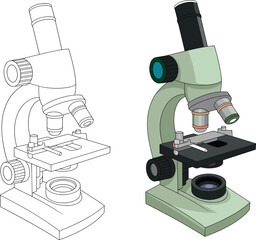 Microscope illustration, lab research equipment sketch and colored vector, scientific analysis tool for biology, chemistry, education and medical study, isolated white background.
