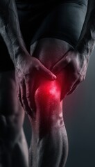 Muscular Man Holding Glowing Red Knee in Injury Concept Close-Up