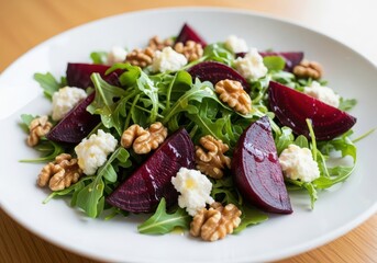 Fresh beet salad with arugula, goat cheese and walnuts on plate