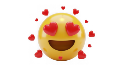 Smiling emoji with hearts for eyes, representing love and affection isolated on transparent background