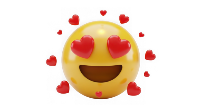 Smiling emoji with hearts for eyes, representing love and affection isolated on transparent background