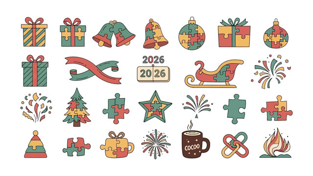 Festive Array: A vibrant illustration showcasing a collection of holiday icons and elements, perfect for seasonal designs.