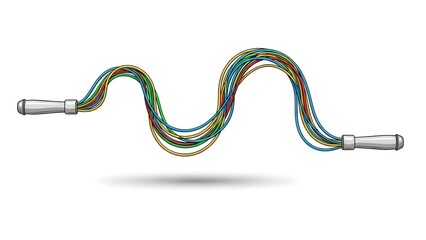 A stylized image of a jump rope with colorful strands and gray handles. 