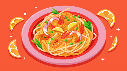 Top-view Shrimp Pad Thai arranged neatly on a soft pink plate, contrasted with a vivid orange backdrop. Bright, modern, colorful presentation ideal for food branding, recipe visuals