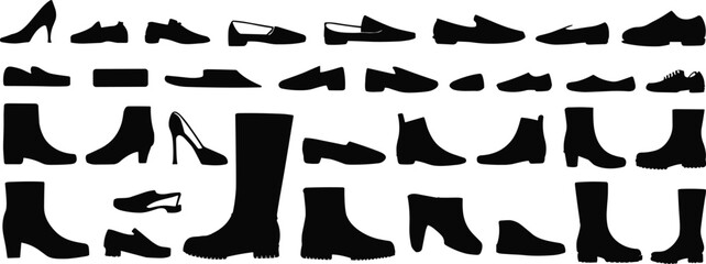 Shoe silhouettes collection, high heels, boots shapes, fashion footwear icons, sneaker outline set, black vector pack isolated on white background.