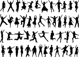 Silhouette people dancing, joyful celebration crowd, festival party motion, ballroom couples, jumping poses, lifestyle vector collection isolated on white stock background
