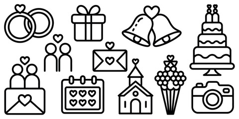A collection of wedding related icons including rings cake and other celebration items