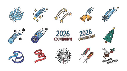 New Year 2026 Celebration Icons: A cheerful collection of hand-drawn icons celebrating the New Year 2026, including fireworks, shooting stars, ribbons and countdown. © azizunnahar