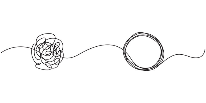 Mindfulness Idea Concept Doodle. Chaotically tangled line and untied knot in form of circle continuous one line drawing, Psychotherapy concept of solving problems is easy. Editable stroke