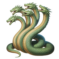 Obraz premium Mythological multi headed green serpent creature with scaly texture and fierce expressions isolated on transparent background