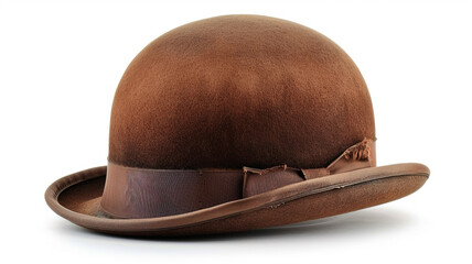 Classic brown felt bowler hat (derby hat) with a grosgrain ribbon band, isolated on a bright white background.