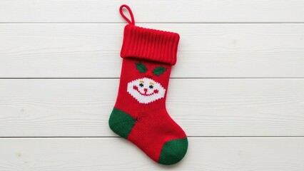 Cozy red Christmas stocking with Santa design hangs ready for gifts