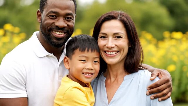 Happy multiracial family bonding outdoors, smiling warmly at camera - Powered by Adobe