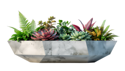 A stunning assortment of colorful succulents flourishing in a contemporary concrete planter. A beautiful and compact representation of creative Sustainable Urban Gardening
