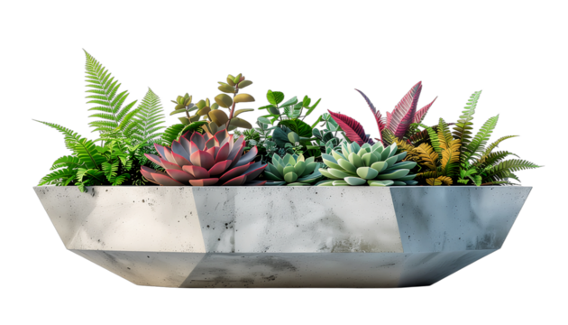 A stunning assortment of colorful succulents flourishing in a contemporary concrete planter. A beautiful and compact representation of creative Sustainable Urban Gardening