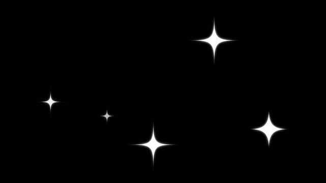 Sparkle Twinkle Animation, white cartoon doodle stars, glowing retro vector shine, glitter particle burst, magic dust line trail, black screen loop, 4K star sparkle twinkling background motion
