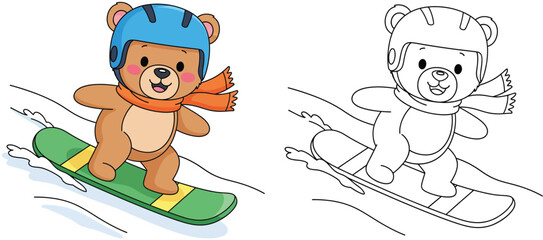 Cartoon bear snowboarding vector illustration for coloring book. Cute teddy bear winter sport character in helmet and scarf.