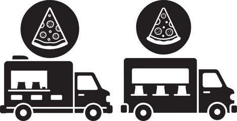 Two pizza food trucks with pizza slice icons silhouette
