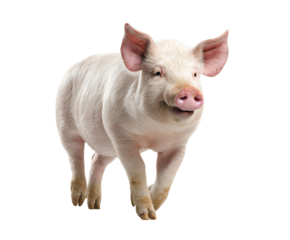 PNG file A close-up shot of a charming pig walking forward, with its pink snout, large ears, and friendly expression on transparent background PNG