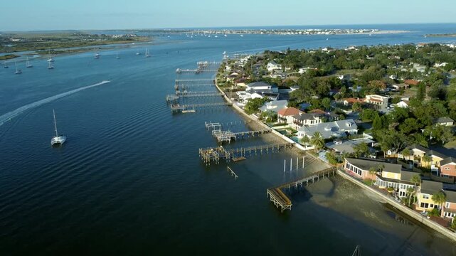 Aerial view of waterfront homes in St Augustine, Florida on a sunny afternoon.
