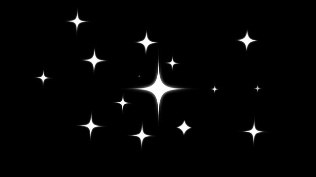 Twinkling Particle Stars, glowing doodle sparkle, white retro vector blinking twinkle, glitter magic shine burst, dust trail line, black screen loop, 4K sparkle starry night animation effect