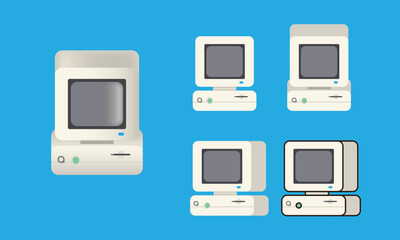 Retro PC set in a different style.Old pc flat style Retro computer icon design