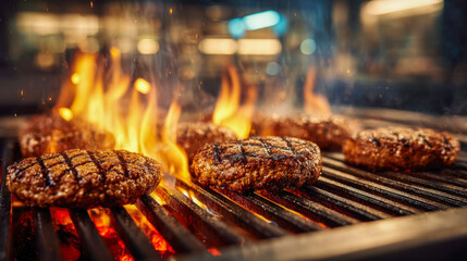 Juicy burger patties sizzling over glowing charcoal flames on a grill with perfect sear marks in a vibrant kitchen atmosphere ready for summer cookouts and gathering