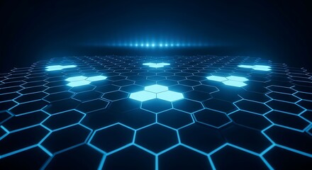 Abstract glowing blue hexagonal grid with futuristic digital network