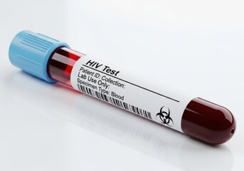 Closeup of a medical blood collection tube labeled for an hiv test with red blood sample and biohazard symbol on a white surface
