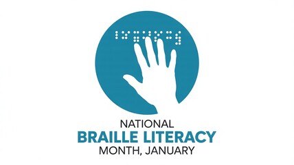 National Braille Literacy Month January Graphic with Hand Reading Dots Symbolizing Accessibility, Education and Inclusion for Blind People
