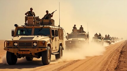 Military Convoy of Armored Vehicles and Soldiers Patrolling a Dusty Desert Road.