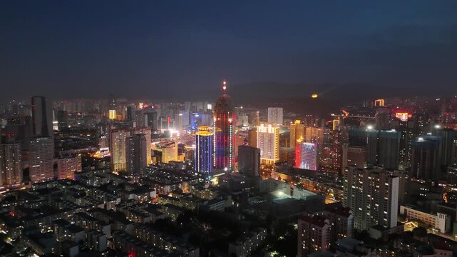 Xining City Night Aerial Skyline with Illuminated Buildings