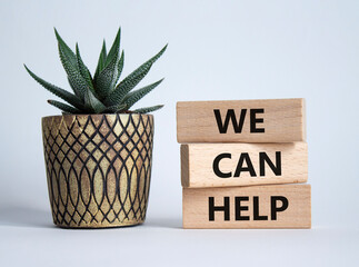 We can help symbol. Wooden blocks with words We can help. Beautiful white background with succulent. Business and We can help concept. Copy space.