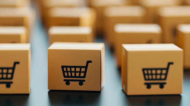 Shopping cart box package parcel delivery shipping e commerce retail logistics online warehouse supply symbol icon brown cardboard stack row group
