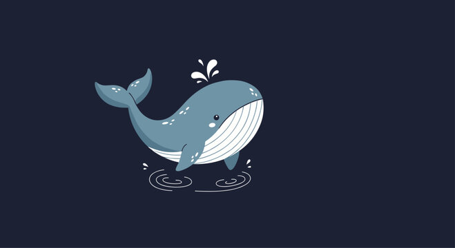 An adorable cartoon baby whale jumps playfully out of the water making small splashes on a dark blue ocean background illustration.
