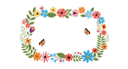 Fototapeta premium A beautiful rectangular floral frame decorated with a variety of colorful wildflowers green leaves and two flying orange butterflies.