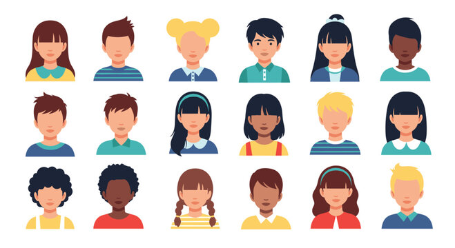 Large set of diverse and multicultural children's avatars with different hairstyles and clothing for profile pictures or icons.
