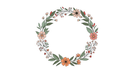 A lovely and delicate circular floral wreath made of hand-drawn flowers and leaves in soft pastel shades of pink and orange.