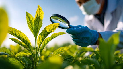 Scientist in protective gloves and mask examining green plant leaves with a magnifying glass under natural sunlight in agricultural field research setting