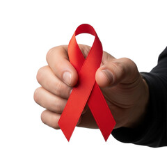 A hand holding a red ribbon against a black background for aids awareness symbol support and solidarity on transparent background